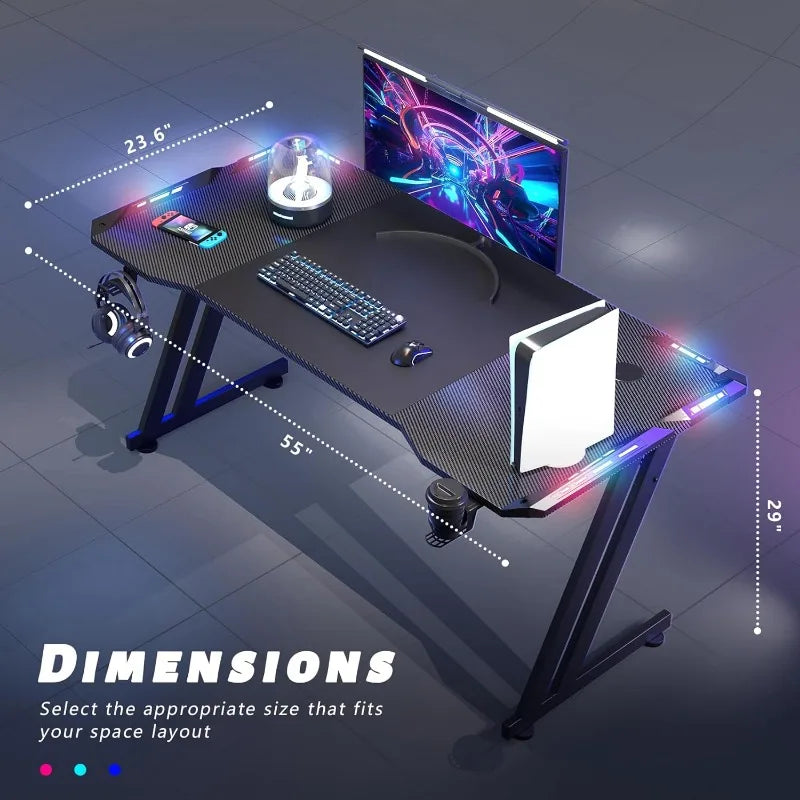 Gaming Desk with LED Lights Carbon Fibre Surface