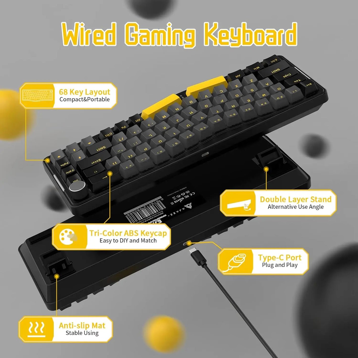 AKS068 Alice Layout Wired 68 Keys Ergonomic Gaming Keyboard