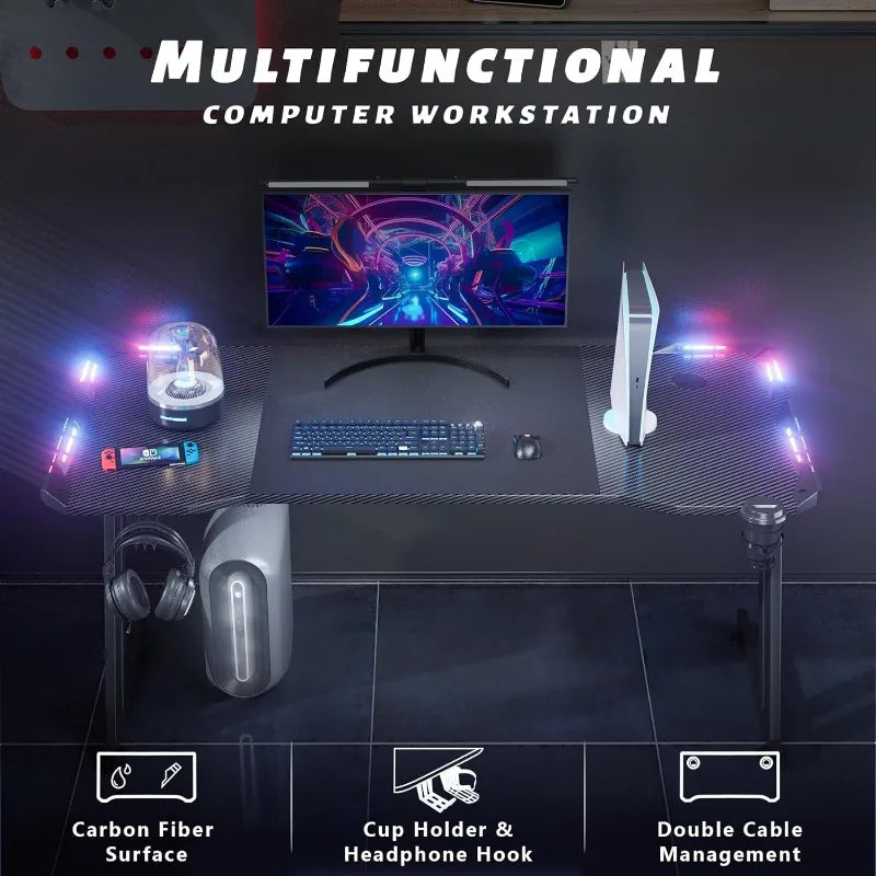 Gaming Desk with LED Lights Carbon Fibre Surface