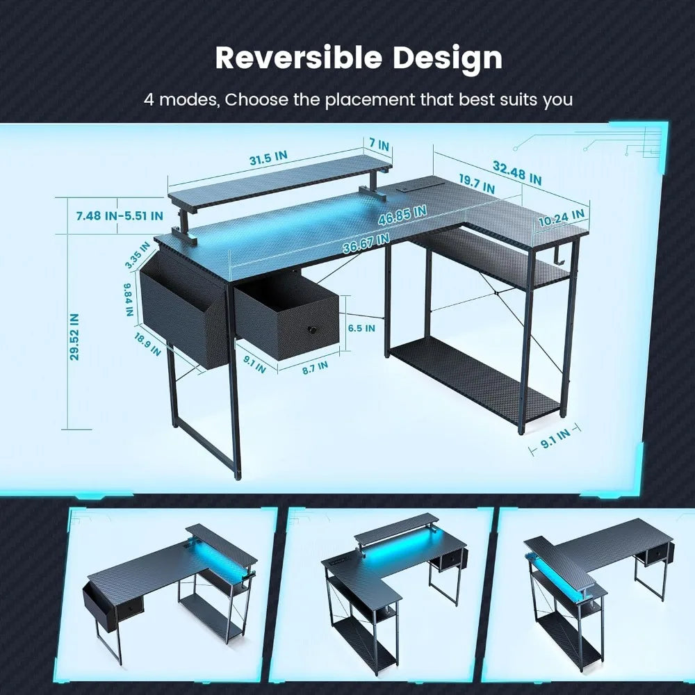 L-Shaped Gaming Desk with LED Lights/Adjustable Stand