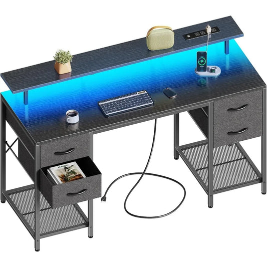 Gaming Desk with LED Lights & Power Outlets