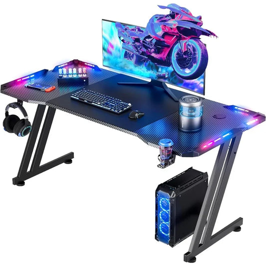 Gaming Desk with LED Lights Carbon Fibre Surface