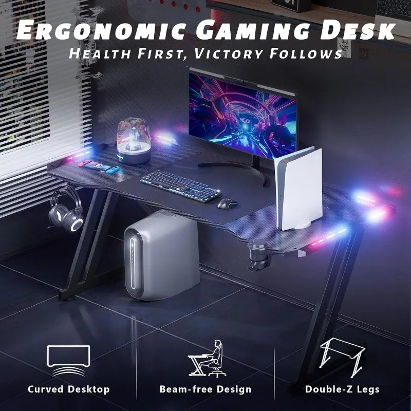 Gaming Desk with LED Lights Carbon Fibre Surface