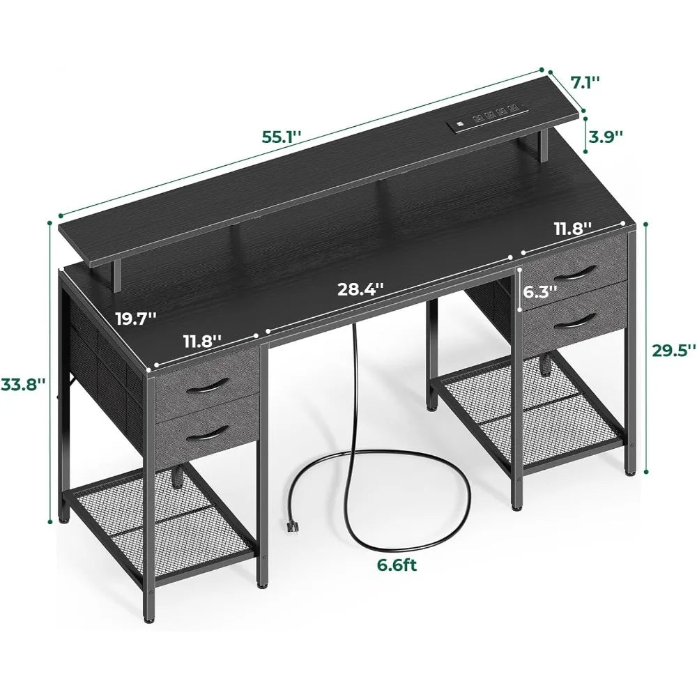 Gaming Desk with LED Lights & Power Outlets